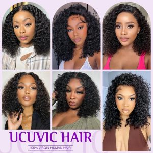 Curly Bob Wig Human Hair 5x5 Wear And Go Glueless Wigs Human Hair Pre Plucked Pre Cut Deep Wave Lace Front Closure Wigs For Black Women 200 Density Curly Wig Glueless Wear And Go Black 12 Inch - Image 8