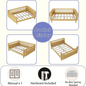 Low Profile Montessori Full Bed with Detachable Side Rail, Natural Full Size Platform Bed for Kids, Solid Pine Wood Kids Daybed with Headboard, Footboard & Slat Support for Boys Girls, - Image 3