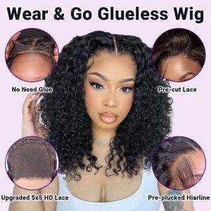 Curly Bob Wig Human Hair 5x5 Wear And Go Glueless Wigs Human Hair Pre Plucked Pre Cut Deep Wave Lace Front Closure Wigs For Black Women 200 Density Curly Wig Glueless Wear And Go Black 12 Inch - Image 7