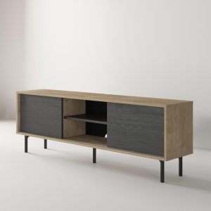 Mid Century Modern TV Stand for 75-80 Inch TV, Entertainment Center with Black Sliding Doors and Natural Wood Color , Media Console with Open Shelves, Cable Management for Living Room - Image 6