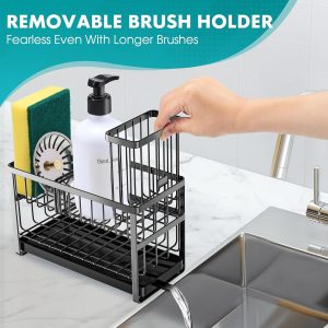 Sinnsally Kitchen Sponge Holder,Sink Caddy Organizer with High Brush Holder,Stainless Steel Sink Box Dish Scrubber Holder,Soap Tray for Kitchen Counter Accessories & Storage Rack(2 Tier - Black) - Image 5