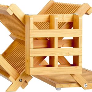 Greenual Bamboo Dish Drying Rack with Utensil Holder, 3 Tier Collapsible Dish Rack, Wooden Dish Racks for Kitchen Counter, Large Folding Drying Holder with Absorbent Dish Drying Mat - Image 7