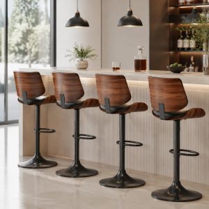 Swivel Bar Stools 3PCS, Adjustable Bentwood Barstools for Kitchen Counter Modern PU Leather Upholstered Bar Chair with Back and Footrest, for Kitchen Island, Bar, Dining Room, Black - Image 2