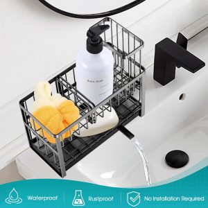 Sinnsally Kitchen Sponge Holder,Sink Caddy Organizer with High Brush Holder,Stainless Steel Sink Box Dish Scrubber Holder,Soap Tray for Kitchen Counter Accessories & Storage Rack(2 Tier - Black) - Image 2