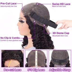 Curly Bob Wig Human Hair 5x5 Wear And Go Glueless Wigs Human Hair Pre Plucked Pre Cut Deep Wave Lace Front Closure Wigs For Black Women 200 Density Curly Wig Glueless Wear And Go Black 12 Inch - Image 5