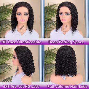 Curly Bob Wig Human Hair 5x5 Wear And Go Glueless Wigs Human Hair Pre Plucked Pre Cut Deep Wave Lace Front Closure Wigs For Black Women 200 Density Curly Wig Glueless Wear And Go Black 12 Inch - Image 6