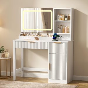 Fluted Vanity Desk with Mirror, LED Lights & Charging Station, White Makeup Vanity Table with Drawers and Shelves, Vanity Table with Hidden Space & Cabinet, Large Wooden Dressing Table ,Bedroom - Image 8
