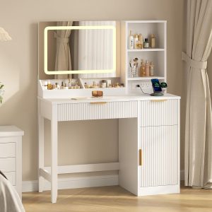 Fluted Vanity Desk with Mirror, LED Lights & Charging Station, White Makeup Vanity Table with Drawers and Shelves, Vanity Table with Hidden Space & Cabinet, Large Wooden Dressing Table ,Bedroom - Image 7