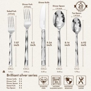 20 Piece 18/10 Silverware Set, Stainless Steel Flatware Cutlery set for 4 KINGSTONE Luxury Silverware with Diamond Cut Pattern, Mirror Polished Utensils for Kitchen, Wedding, Party, Dishwasher Safe - Image 9