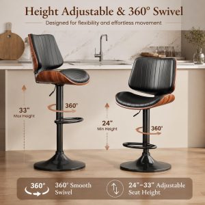 Swivel Bar Stools 3PCS, Adjustable Bentwood Barstools for Kitchen Counter Modern PU Leather Upholstered Bar Chair with Back and Footrest, for Kitchen Island, Bar, Dining Room, Black - Image 7
