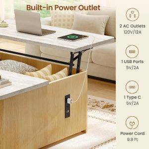 Itaar 31.5" Lift Top Coffee Table with Charging Station, Fluted Coffee Table with Hidden Storage & Hydraulic Lifter, Travertine Look Living Room Table with Sliding Doors for Home Office, Oak - Image 3