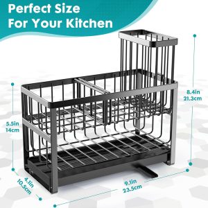 Sinnsally Kitchen Sponge Holder,Sink Caddy Organizer with High Brush Holder,Stainless Steel Sink Box Dish Scrubber Holder,Soap Tray for Kitchen Counter Accessories & Storage Rack(2 Tier - Black) - Image 7