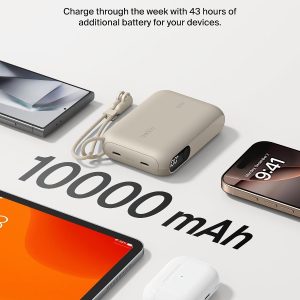 Belkin BoostCharge 10000mAh Power Bank with Digital Battery Display - Sand 10K Portable Charger, 2 x USB-C Port, 20W, Air-Travel Friendly, Pre-Charged, Detachable USB-C Cable Included, Lightweight - Image 9