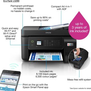 Epson EcoTank L5290 Office ink tank printer A4 colour 4 in 1 printer with ADF, Wi Fi and Smart Panel Connectivity and LCD screen, Black, Compact - Image 8
