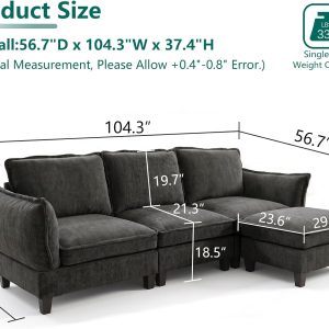 Modular Sectional Couches for Living Room , 104" L Shaped Couch Sofa Movable Ottomans, Padded Armrest, High-Resilience Cushion, Detachable Cover, Sturdy, Quick Assembly, Soft Chenille, Dark Gray - Image 2