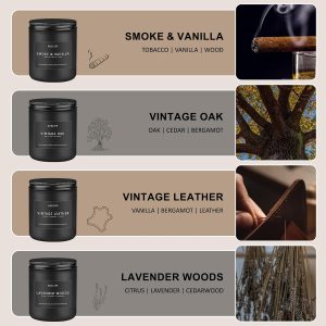 Candles for Men Gift Set, 4 Pack Soy Wax, Masculine Men's aromatherapy candles; home scented ; long lasting 200-hr burn total; smoke&vanilla, leather,oak,lavender wood - Image 8