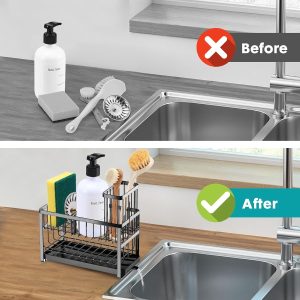 Sinnsally Kitchen Sponge Holder,Sink Caddy Organizer with High Brush Holder,Stainless Steel Sink Box Dish Scrubber Holder,Soap Tray for Kitchen Counter Accessories & Storage Rack(2 Tier - Black) - Image 3