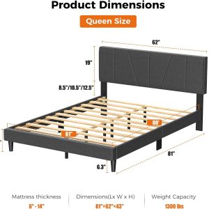 Queen Bed Frame with Adjustable Headboard, Platform Bed with 12 Thickened Legs for Bedroom, No Box Spring Needed, Easy Assembly Grey Bedroom Furniture with 1300 lbs Strong Weight Capacity - Image 8