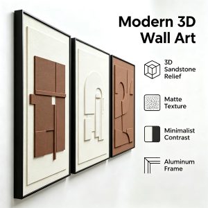AMAATE 3Pcs 3D Sandstone Relief Wall Art, Black Frame Geometric Decor 3D sandstone relief, neutral brown-white tones, slim black metal frame, geometric triptych wall decor for home & office - Image 2