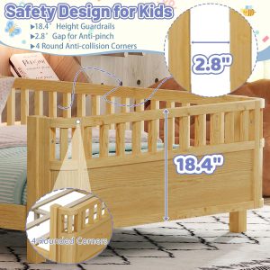 Low Profile Montessori Full Bed with Detachable Side Rail, Natural Full Size Platform Bed for Kids, Solid Pine Wood Kids Daybed with Headboard, Footboard & Slat Support for Boys Girls, - Image 4