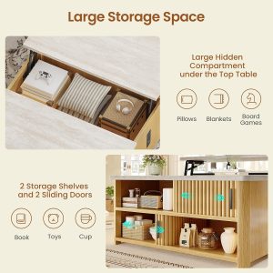 Itaar 31.5" Lift Top Coffee Table with Charging Station, Fluted Coffee Table with Hidden Storage & Hydraulic Lifter, Travertine Look Living Room Table with Sliding Doors for Home Office, Oak - Image 4