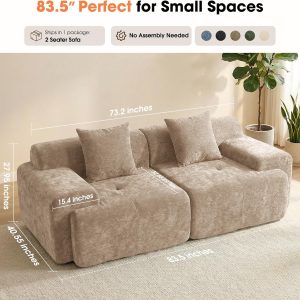 84" Modular Loveseat Couch, 30" Deep Seat Boneless Sofa, Khaki Sectional Modular Couch, 15.4" Wider Armrest, 12" Thick Back, 2 Free Pillows, Non-Slip Base, Boneless Sofas for Living Room - Image 8