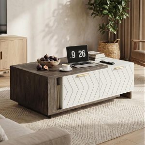 Miereirl 42"- 65" Extendable Coffee Table, Dual-Tone Large Center Table with Sliding Tabletop, 2 Storage Drawers & Open Shelf, Wood Coffee Table Length Adjustable for Apartments, Living Room & Office - Image 5