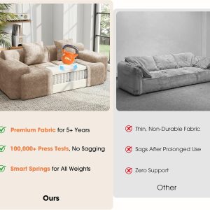 84" Modular Loveseat Couch, 30" Deep Seat Boneless Sofa, Khaki Sectional Modular Couch, 15.4" Wider Armrest, 12" Thick Back, 2 Free Pillows, Non-Slip Base, Boneless Sofas for Living Room - Image 5