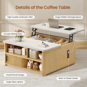 Itaar 31.5" Lift Top Coffee Table with Charging Station, Fluted Coffee Table with Hidden Storage & Hydraulic Lifter, Travertine Look Living Room Table with Sliding Doors for Home Office, Oak - Image 8