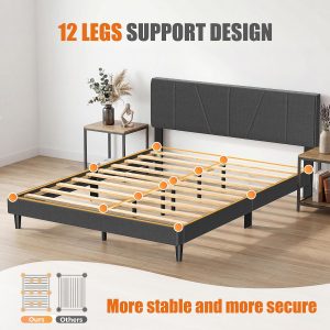Queen Bed Frame with Adjustable Headboard, Platform Bed with 12 Thickened Legs for Bedroom, No Box Spring Needed, Easy Assembly Grey Bedroom Furniture with 1300 lbs Strong Weight Capacity - Image 4