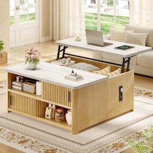 Itaar 31.5" Lift Top Coffee Table with Charging Station, Fluted Coffee Table with Hidden Storage & Hydraulic Lifter, Travertine Look Living Room Table with Sliding Doors for Home Office, Oak - Image 1