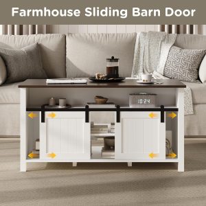 MHOM Farmhouse Coffee Table with Storage, Rustic Living Room Table with Sliding Barn Doors & Hidden Compartment, Wooden Center Table for Living Room, White - Image 7