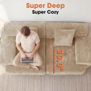 84" Modular Loveseat Couch, 30" Deep Seat Boneless Sofa, Khaki Sectional Modular Couch, 15.4" Wider Armrest, 12" Thick Back, 2 Free Pillows, Non-Slip Base, Boneless Sofas for Living Room - Image 7