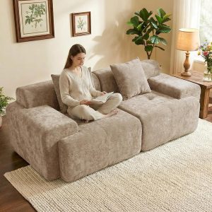 84" Modular Loveseat Couch, 30" Deep Seat Boneless Sofa, Khaki Sectional Modular Couch, 15.4" Wider Armrest, 12" Thick Back, 2 Free Pillows, Non-Slip Base, Boneless Sofas for Living Room - Image 1