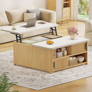 Itaar 31.5" Lift Top Coffee Table with Charging Station, Fluted Coffee Table with Hidden Storage & Hydraulic Lifter, Travertine Look Living Room Table with Sliding Doors for Home Office, Oak - Image 2