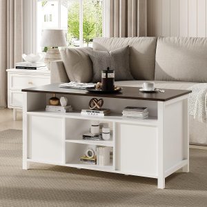 MHOM Farmhouse Coffee Table with Storage, Rustic Living Room Table with Sliding Barn Doors & Hidden Compartment, Wooden Center Table for Living Room, White - Image 5