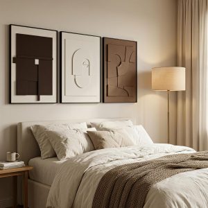 AMAATE 3Pcs 3D Sandstone Relief Wall Art, Black Frame Geometric Decor 3D sandstone relief, neutral brown-white tones, slim black metal frame, geometric triptych wall decor for home & office - Image 7