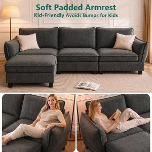 Modular Sectional Couches for Living Room , 104" L Shaped Couch Sofa Movable Ottomans, Padded Armrest, High-Resilience Cushion, Detachable Cover, Sturdy, Quick Assembly, Soft Chenille, Dark Gray - Image 5