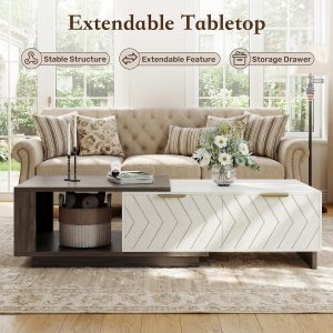 Miereirl 42"- 65" Extendable Coffee Table, Dual-Tone Large Center Table with Sliding Tabletop, 2 Storage Drawers & Open Shelf, Wood Coffee Table Length Adjustable for Apartments, Living Room & Office - Image 6