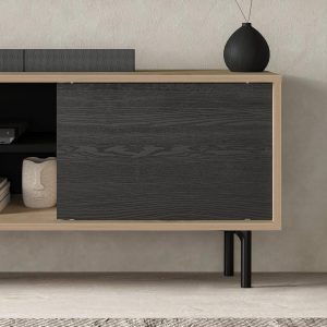Mid Century Modern TV Stand for 75-80 Inch TV, Entertainment Center with Black Sliding Doors and Natural Wood Color , Media Console with Open Shelves, Cable Management for Living Room - Image 3