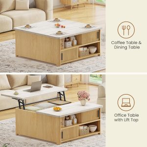 Itaar 31.5" Lift Top Coffee Table with Charging Station, Fluted Coffee Table with Hidden Storage & Hydraulic Lifter, Travertine Look Living Room Table with Sliding Doors for Home Office, Oak - Image 7