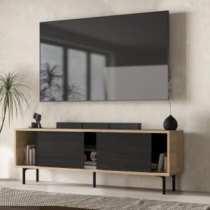 Mid Century Modern TV Stand for 75-80 Inch TV, Entertainment Center with Black Sliding Doors and Natural Wood Color , Media Console with Open Shelves, Cable Management for Living Room - Image 5