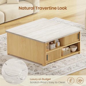 Itaar 31.5" Lift Top Coffee Table with Charging Station, Fluted Coffee Table with Hidden Storage & Hydraulic Lifter, Travertine Look Living Room Table with Sliding Doors for Home Office, Oak - Image 6