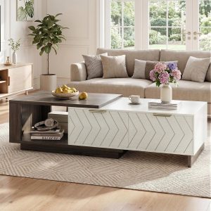 Miereirl 42"- 65" Extendable Coffee Table, Dual-Tone Large Center Table with Sliding Tabletop, 2 Storage Drawers & Open Shelf, Wood Coffee Table Length Adjustable for Apartments, Living Room & Office - Image 7
