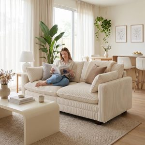Gizoon Small Cloud Loveseat Couches for Living Room, 2 Seater Couch, Beige 2 Seater Love Seat Sofa with Comfy Deep Seat, Small Washable Couches with Removable Corduroy Cover for Apartment - Image 3