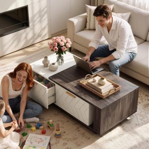 Miereirl 42"- 65" Extendable Coffee Table, Dual-Tone Large Center Table with Sliding Tabletop, 2 Storage Drawers & Open Shelf, Wood Coffee Table Length Adjustable for Apartments, Living Room & Office - Image 3
