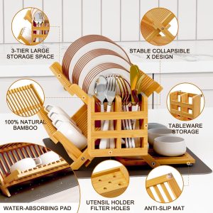 Greenual Bamboo Dish Drying Rack with Utensil Holder, 3 Tier Collapsible Dish Rack, Wooden Dish Racks for Kitchen Counter, Large Folding Drying Holder with Absorbent Dish Drying Mat - Image 5