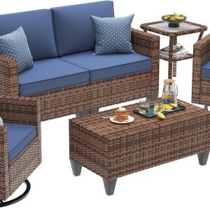 UDPATIO Patio Furniture Set, 5 Pieces Outdoor Conversation Sets with Rocking Swivel Chairs, Wicker Rattan Outdoor Sofa Set with Storage Table and Waterproof Covers for Backyard, Deck, Porch, Navy - Image 8