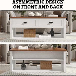47in White Coffee Table with Hidden Storage, Rustic Farmhouse Center Table 47 inch white farmhouse coffee table with hidden storage compartment. Rustic wood center table for living room & office - Image 5
