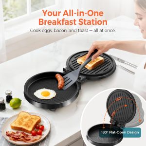 3-in1 Electric Griddle Nonstick & Sandwich Maker with On/Off Switch 8" Round Griddle and Panini Press, 180° Open Design, Perfect for Pancakes, Omelets, Quesadillas, Veggies (Red/Beige) - Image 7